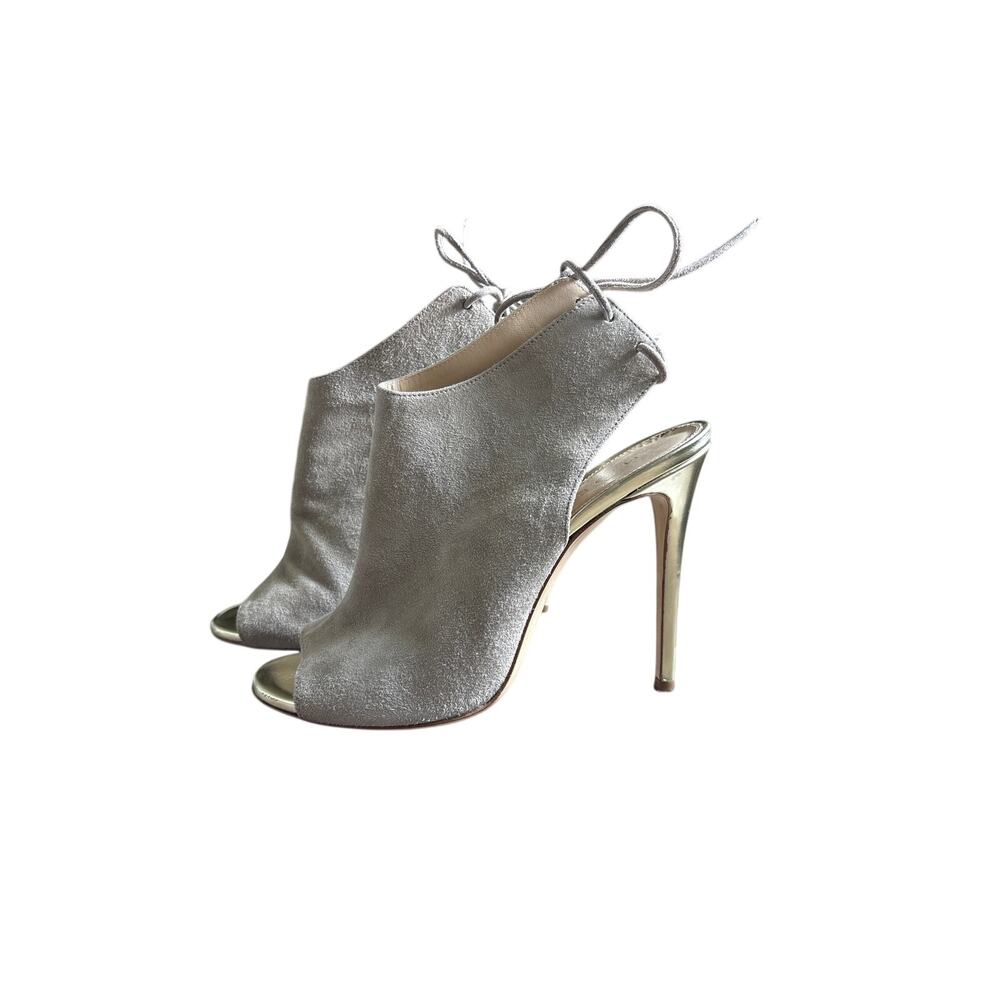 M.Gemi Suede Peep Toe Gold Heels Sz 38 (7.5)